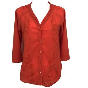 Under Skies Womens Blouse Size Small V-Neck 3/4 Rolled Tab Sleeve Embroidered